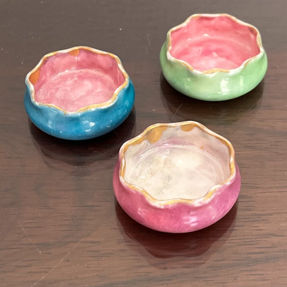 Antique Lenox Belleek Porcelain Salt Cellars Gold & Colorful Set of 3, Signed